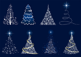 8つのきらめくクリスマスツリーの無料イラスト